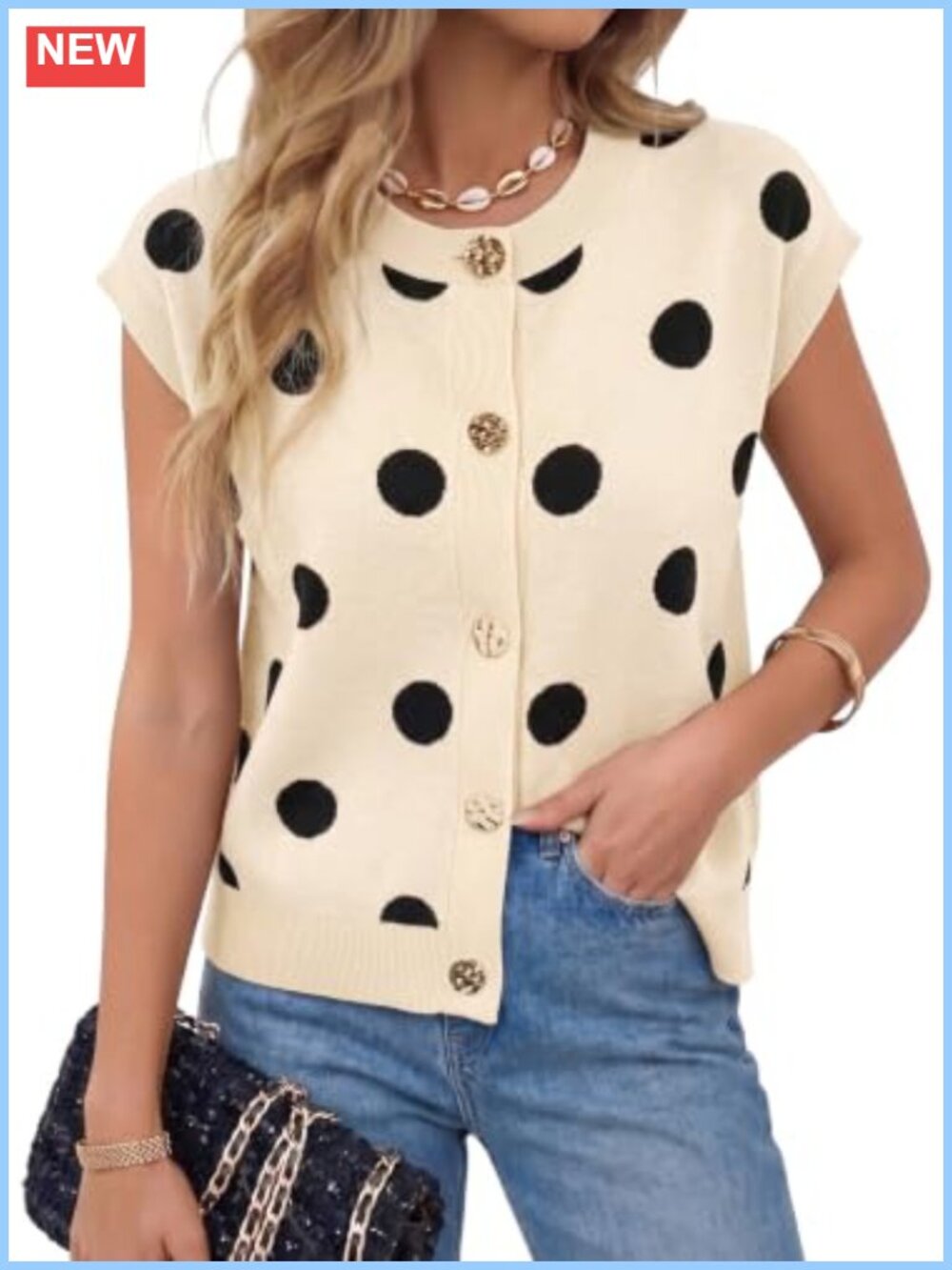 Womens Sweater Vest Cap Sleeve Polka Dot Button Down Knit Tank Top Lightweight